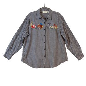 VTG Lemon Grass Button Up Top Women's XL Christmas Cats Gingham Embroidered‎